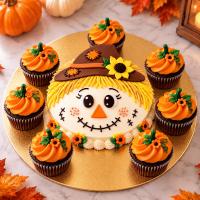 Scarecrow Cake with Seven Pumpkin Cupcakes (1)