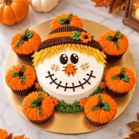 Scarecrow Cake with Seven Pumpkin Cupcakes